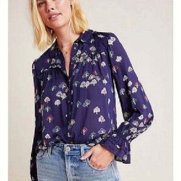 Anthropologie Tops - Anthropologie Maeve Fredricka Tree Peasant Blouse Blue 6